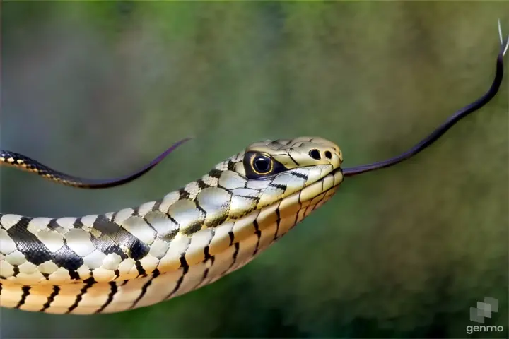 a close up of a snake with its tongue out