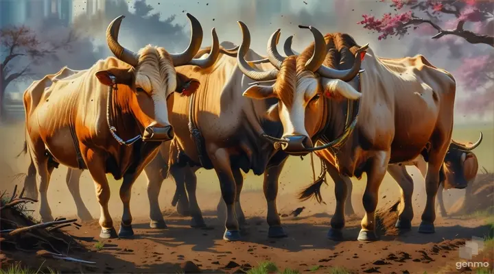 a painting of two oxen plowing a field