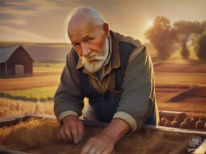 The grandpa, who was very old, worked hard in the farm field without stopping. 