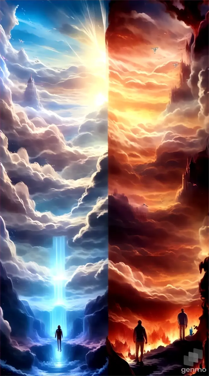 two pictures of a man standing in the middle of a cloud filled sky