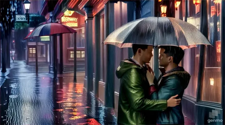 A man and woman standing together under an umbrella in a romantic alleyway on a rainy night