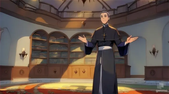 a cartoon of a priest standing in a room