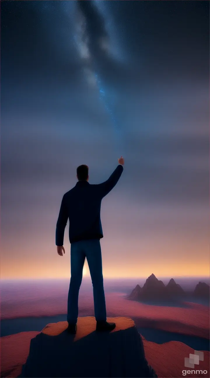 A man posing straight with One arm pointing the Sky, it IS night and the Sky IS dark blue, but a lightbeam from the man's feet IS like a tube going through the clouds and touching the top
