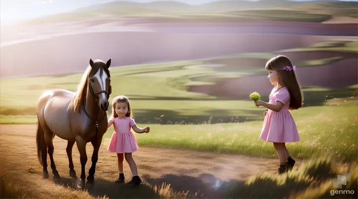 Little girl giving grass to a brown horse 3D car