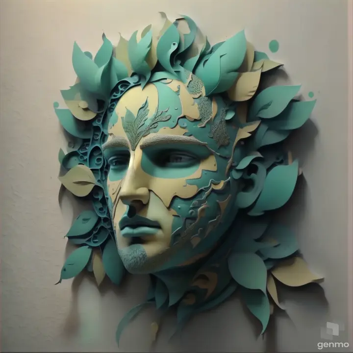 a sculpture of a man's face with leaves on it