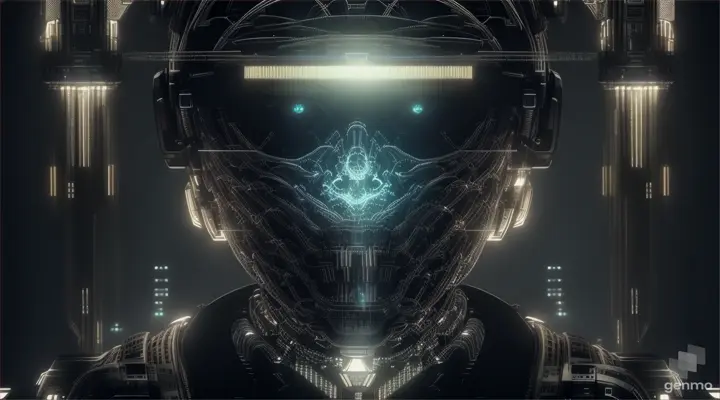 A human sitting connected to an artificial intelligent parasitic machine with cables that is harvesting thought, ideas, & creativity, by the artificially generated intelligent overlord master of the earth, dark dystopian future, UDH HD HDR 32K