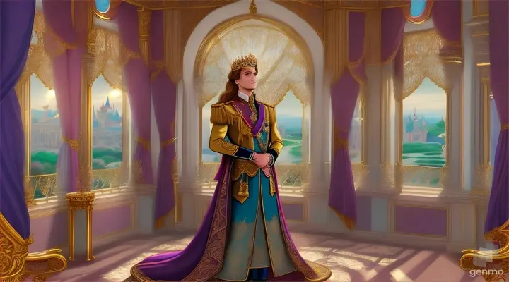 Cartoon very beautiful 25 years old Prince standing in  room window in royal palace 