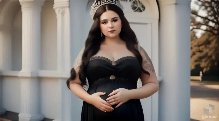 beautiful pragnent Russian woman plus size Long hair in Spring/Summer Plus Size black Formal broad neck Dress crown tattoos is posing for a picture white wooden fence beautiful Palace