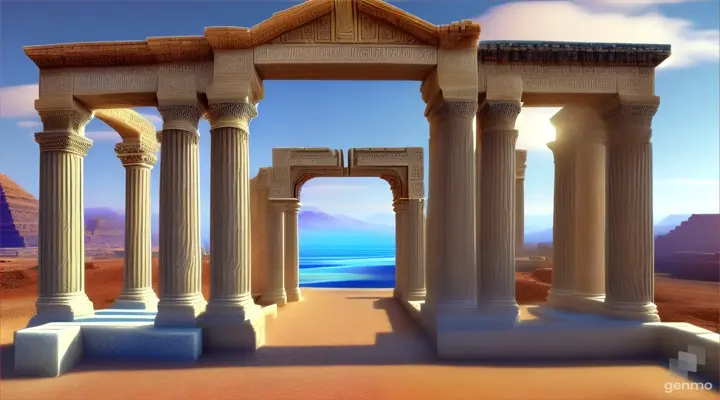 Nether portals, greek ,roman, egyptian, macedonian, oasis, rectangular clouds, lattice lapis lazuli, psychedelic ice tritonopia
