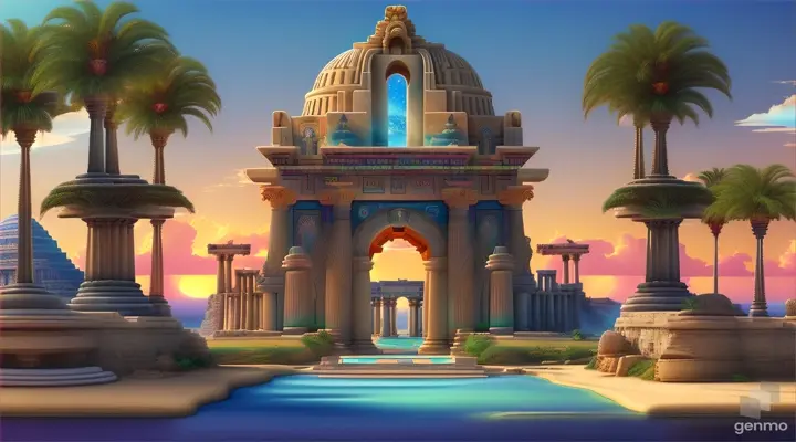 Nether portals, greek ,roman, egyptian, macedonian, oasis, rectangular clouds, lattice lapis lazuli, psychedelic ice tritonopia