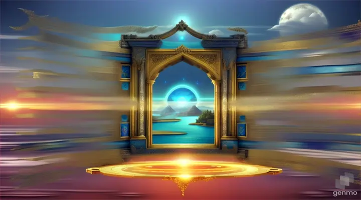Nether portals, greek ,roman, egyptian, macedonian, oasis, rectangular clouds, lattice lapis lazuli, psychedelic ice tritanopia, portal to another dimension realm