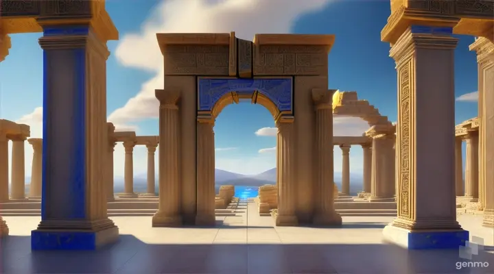 Nether portals, greek ,roman, egyptian, macedonian, oasis, rectangular clouds, lattice lapis lazuli, psychedelic ice tritanopia, portal to another dimension realm
