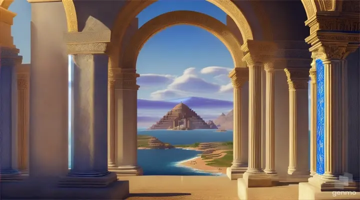 Nether portals, greek ,roman, egyptian, macedonian, oasis, rectangular clouds, lattice lapis lazuli, psychedelic ice tritanopia, portal to another dimension realm