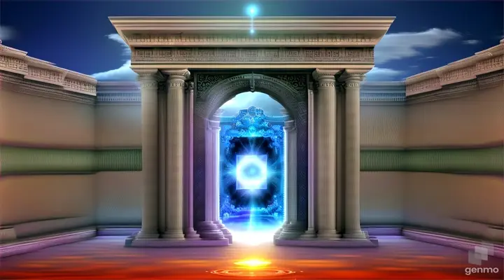 Nether portals, greek ,roman, egyptian, macedonian, oasis, rectangular clouds, lattice lapis lazuli, psychedelic ice tritanopia, portal to another dimension realm