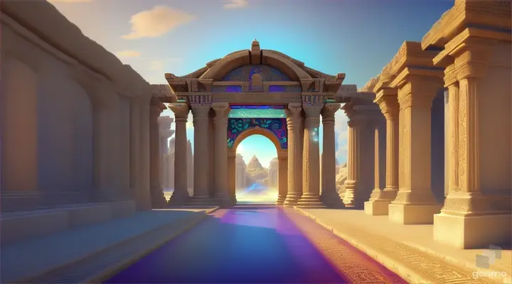 Nether portals, greek ,roman, egyptian, macedonian, oasis, rectangular clouds, lattice lapis lazuli, psychedelic ice tritanopia, portal to another dimension realm