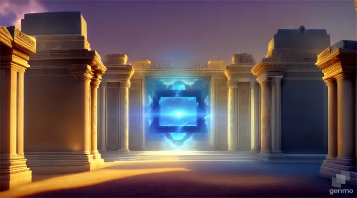 Nether portals, greek ,roman, egyptian, macedonian, oasis, rectangular clouds, lattice lapis lazuli, psychedelic ice tritanopia, portal to another dimension realm