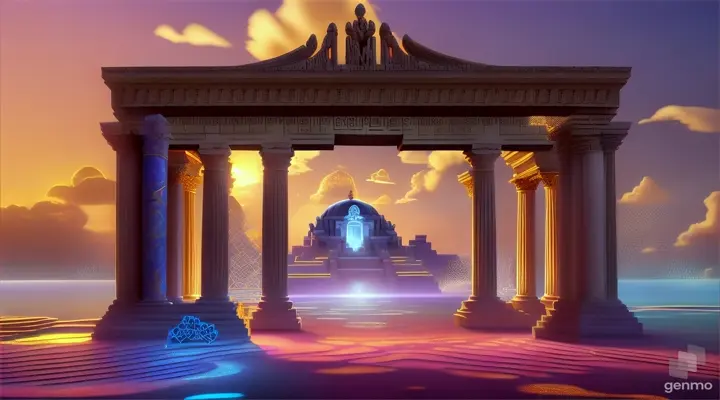 Nether portals, greek ,roman, egyptian, macedonian, oasis, rectangular clouds, lattice lapis lazuli, psychedelic ice tritanopia, portal to another dimension realm