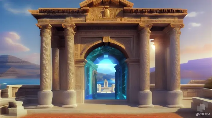 Nether portals, greek ,roman, egyptian, macedonian, oasis, rectangular clouds, lattice lapis lazuli, psychedelic ice tritanopia, portal to another dimension realm