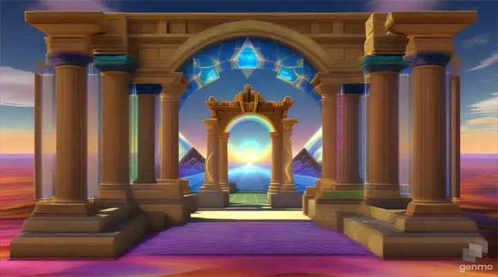 Nether portals, greek ,roman, egyptian, macedonian, oasis, rectangular clouds, lattice lapis lazuli, psychedelic ice tritanopia, portal to another dimension realm
