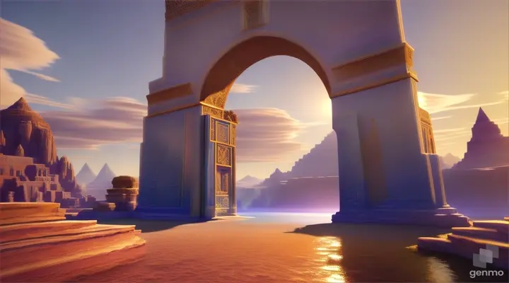 Nether portals, greek ,roman, egyptian, macedonian, oasis, rectangular clouds, lattice lapis lazuli, psychedelic ice tritanopia, portal to another dimension realm