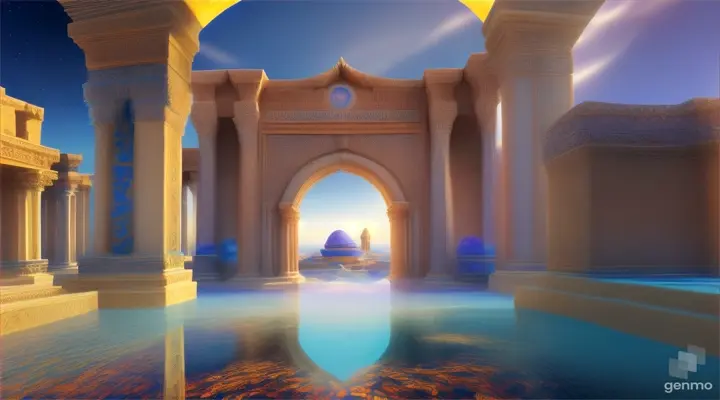 Nether portals, greek ,roman, egyptian, macedonian, oasis, rectangular clouds, lattice lapis lazuli, psychedelic ice tritanopia, portal to another dimension realm
