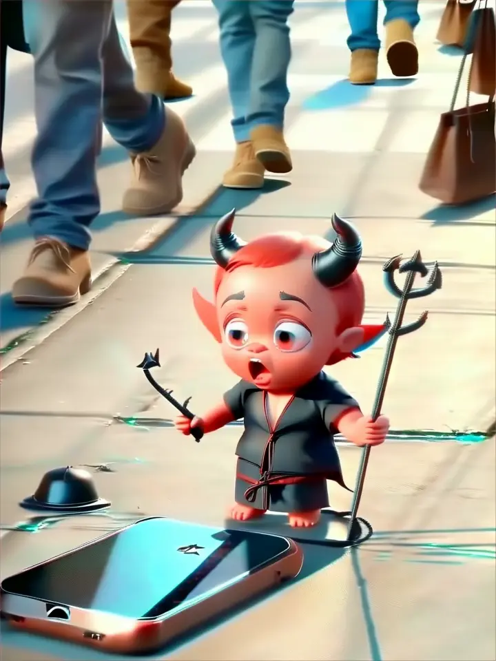 a little cute devil  standing next to a cell phone