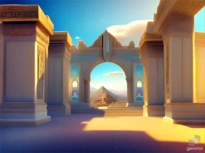 Nether portals, greek ,roman, egyptian, macedonian, oasis, rectangular clouds, lattice lapis lazuli, psychedelic ice tritanopia, portal to another dimension realm