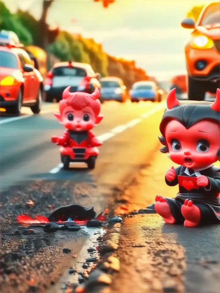 two little devil sitting on the side of a road