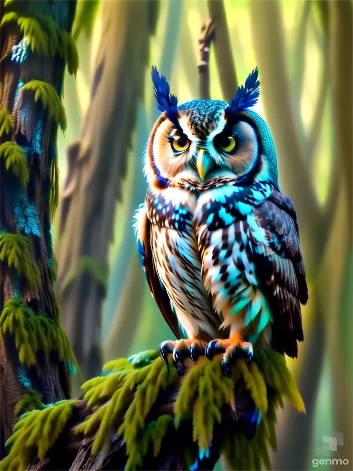 bird, branch, organism, owl, wood, beak, feather, terrestrial plant, art, electric blue