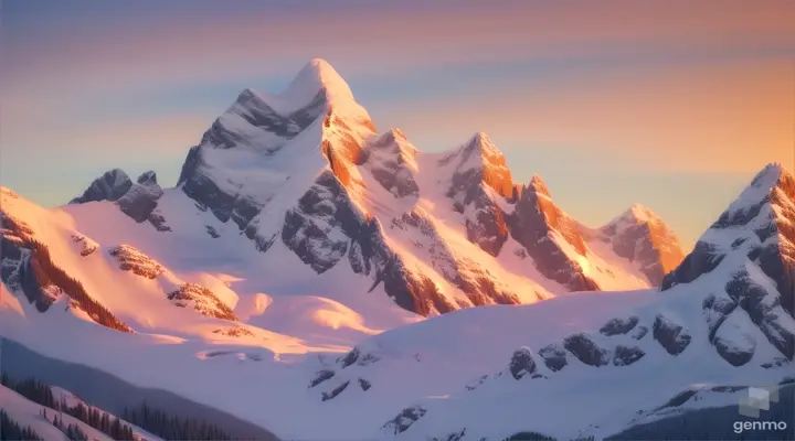 Snow-covered mountain peak at sunrise, soft light, oil painting