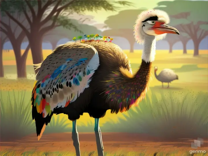One day, as Ostrich strutted through the savanna, he unknowingly carried seeds stuck to his feathers.  cartoon illustration  