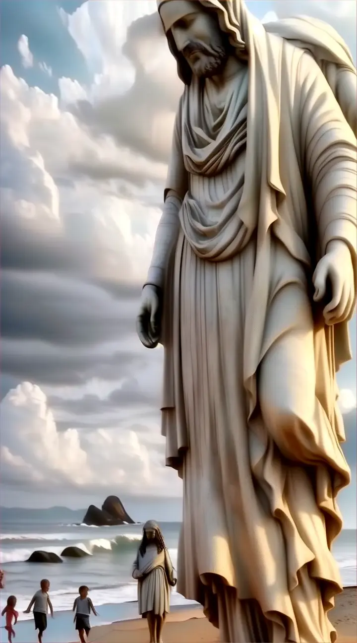 a large statue of jesus on a beach, surround by children