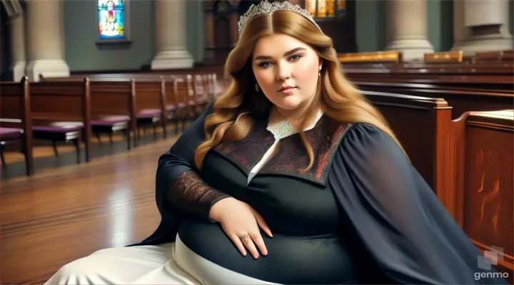 a beautiful pragnent Russian plus size woman formally party wear suit with long hair focus at the camera of a church sitting couch with pews and checkered floor