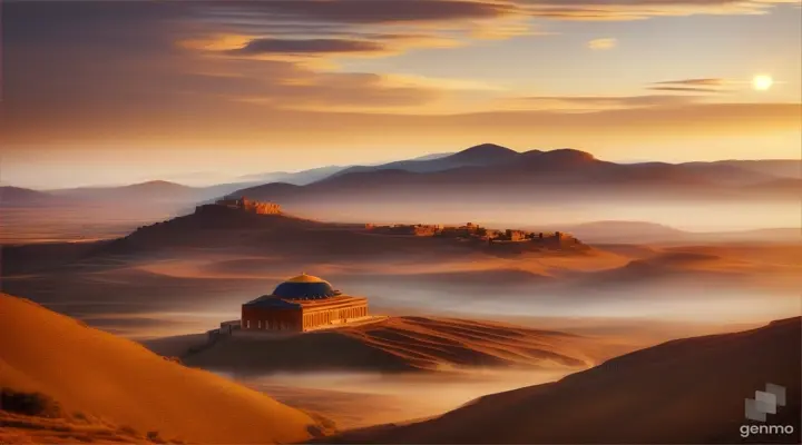 Picturesque view of Turkish hills at dawn, with an old Silk Road caravanserai in the foreground surrounded by a warm golden light