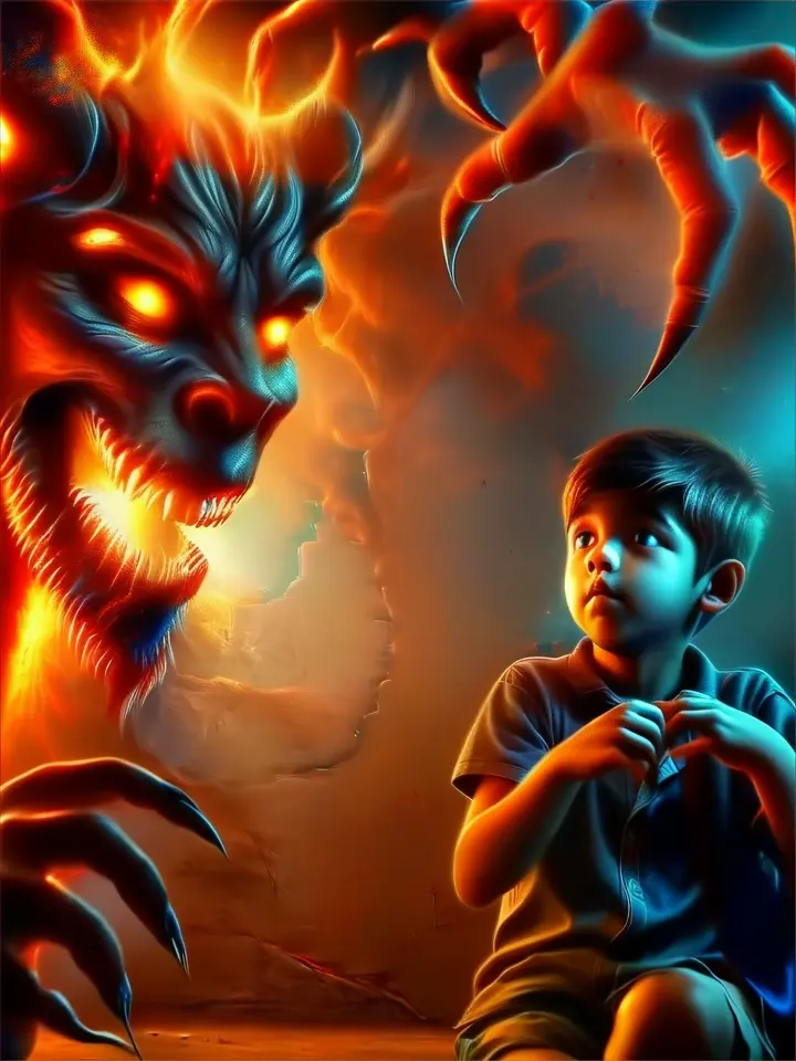 a young boy sitting on the floor next to a demon