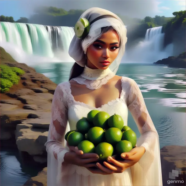 a woman holding a bunch of limes in front of a waterfall