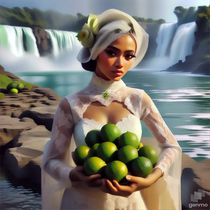 a woman holding a bunch of limes in front of a waterfall