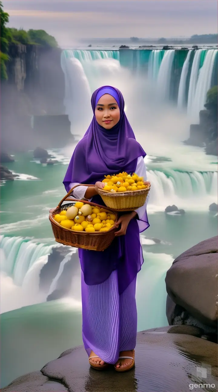 wanita Indonesia cantik memakai jilbab warna ungu tangannya menggenggam sekeranjang jeruk lemon sedang berdiri diatas batu besar dibawah air terjun Niagara