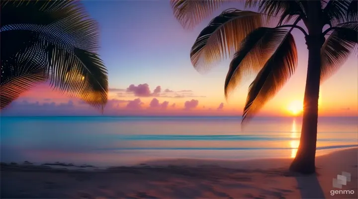 Palm fronds silhouetted against the vibrant hues of a tropical sunset over a turquoise sea and white beach