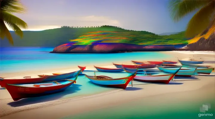 Colorful longtail boats on a calm, crystal-clear beach in Thailand