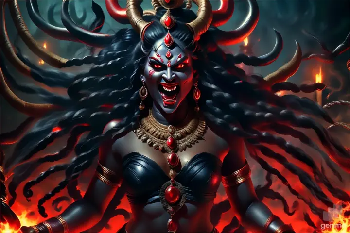 angry kali goddess with red eyes smiling, full body, realistic. she´s fighting a demon