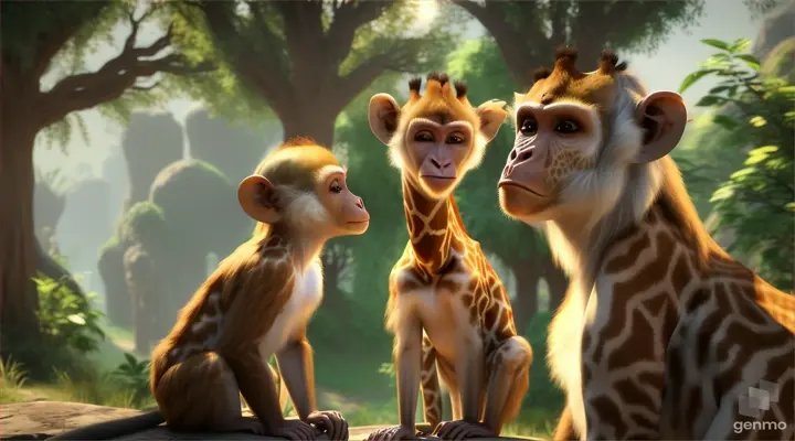 /imagine prompt: 3D animation, personality: [Illustrate Uplifting Cartoon characters engaging in fun activities The two young monkeys looking amazed and curious as they see the giraffe for the first time. It should feel otherworldly and magical.] unreal engine, hyper real --q 2 --v 5.2 --ar 16:9