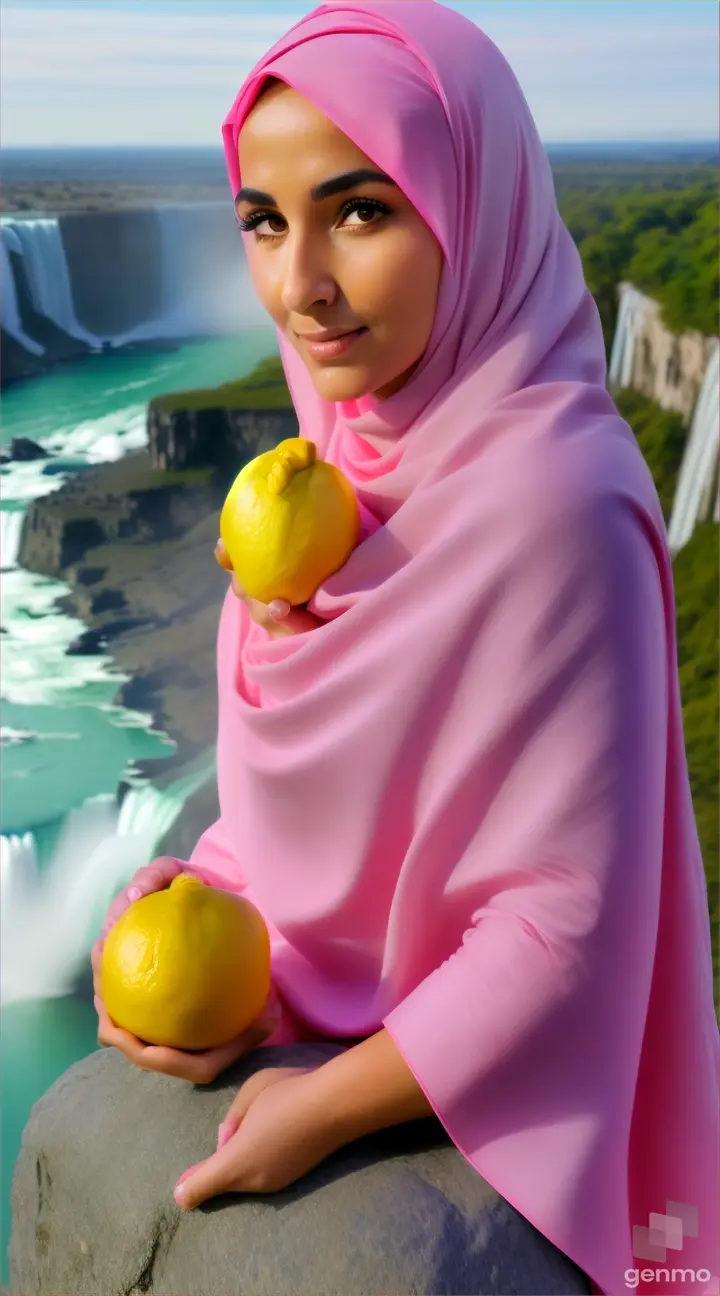 Wanita bule cantik memakai jilbab warna pink menggenggam buah lemon berdiri diatas batu di samping air terjun Niagara