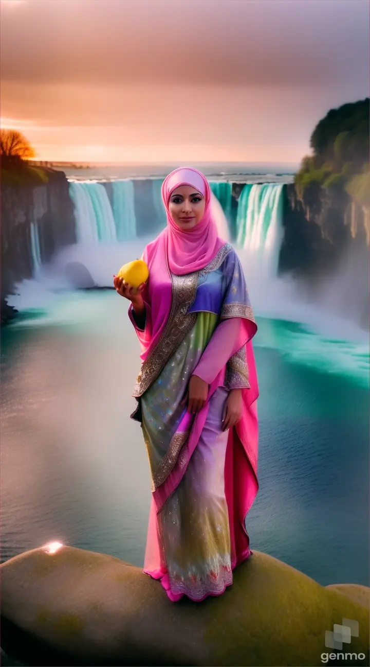 Wanita bule cantik memakai jilbab warna pink menggenggam buah lemon berdiri diatas batu di samping air terjun Niagara