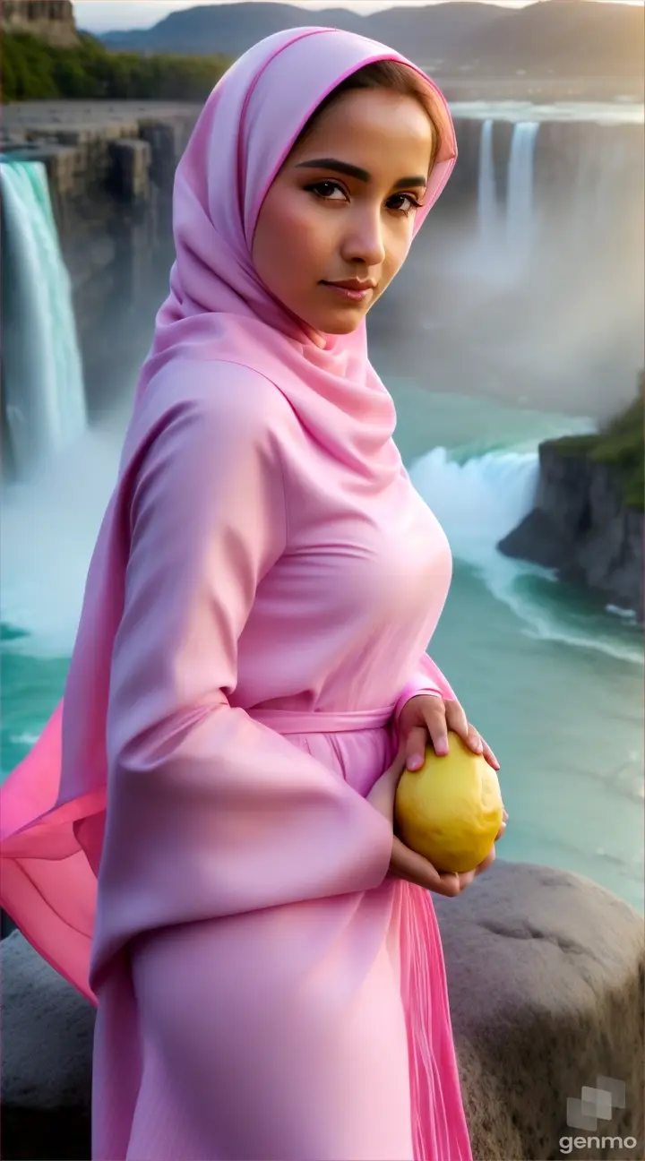 Wanita bule cantik memakai jilbab warna pink menggenggam buah lemon berdiri diatas batu di samping air terjun Niagara