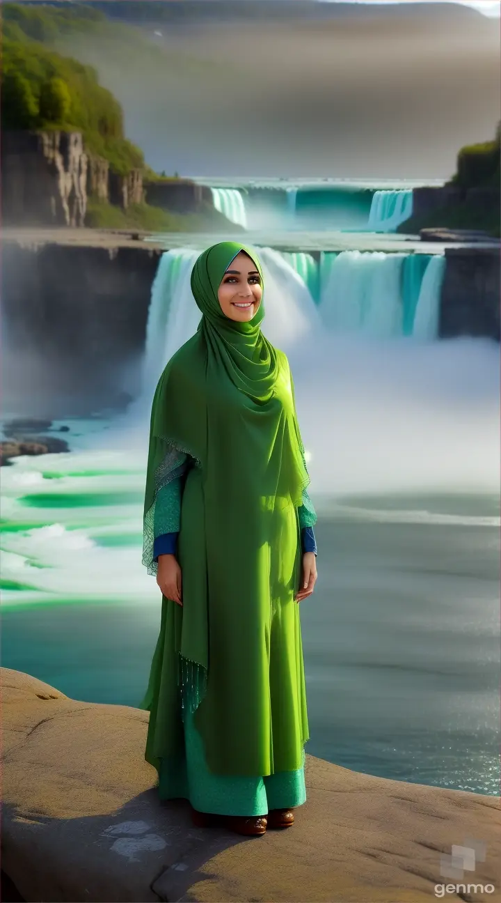 Wanita bule cantik memakai jilbab warna hijau menggenggam buah lemon berdiri diatas batu di samping air terjun Niagara