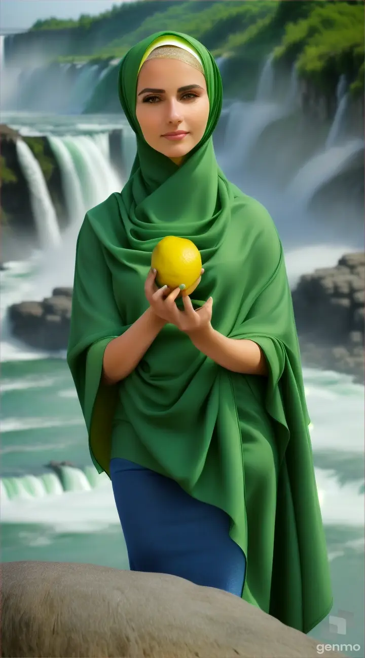 Wanita bule cantik memakai jilbab warna hijau menggenggam buah lemon berdiri diatas batu di samping air terjun Niagara