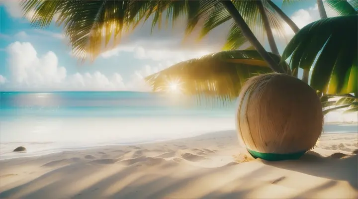 A beautiful green coconut just off the shore of an idyllic island with a dreamlike haze in the background