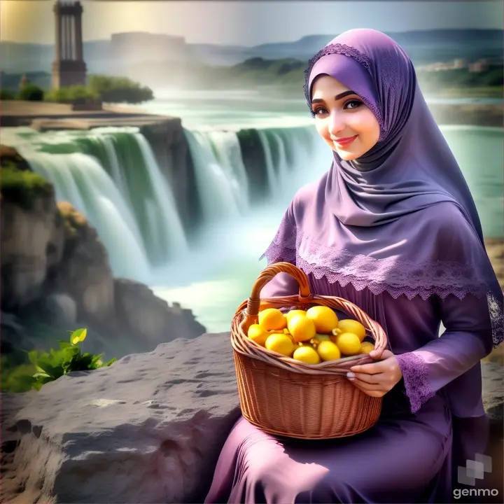 a woman in a hijab holding a basket of lemons