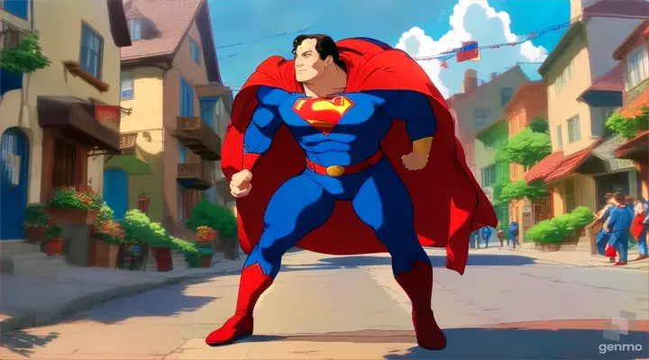 a man in a superman costume standing on a street